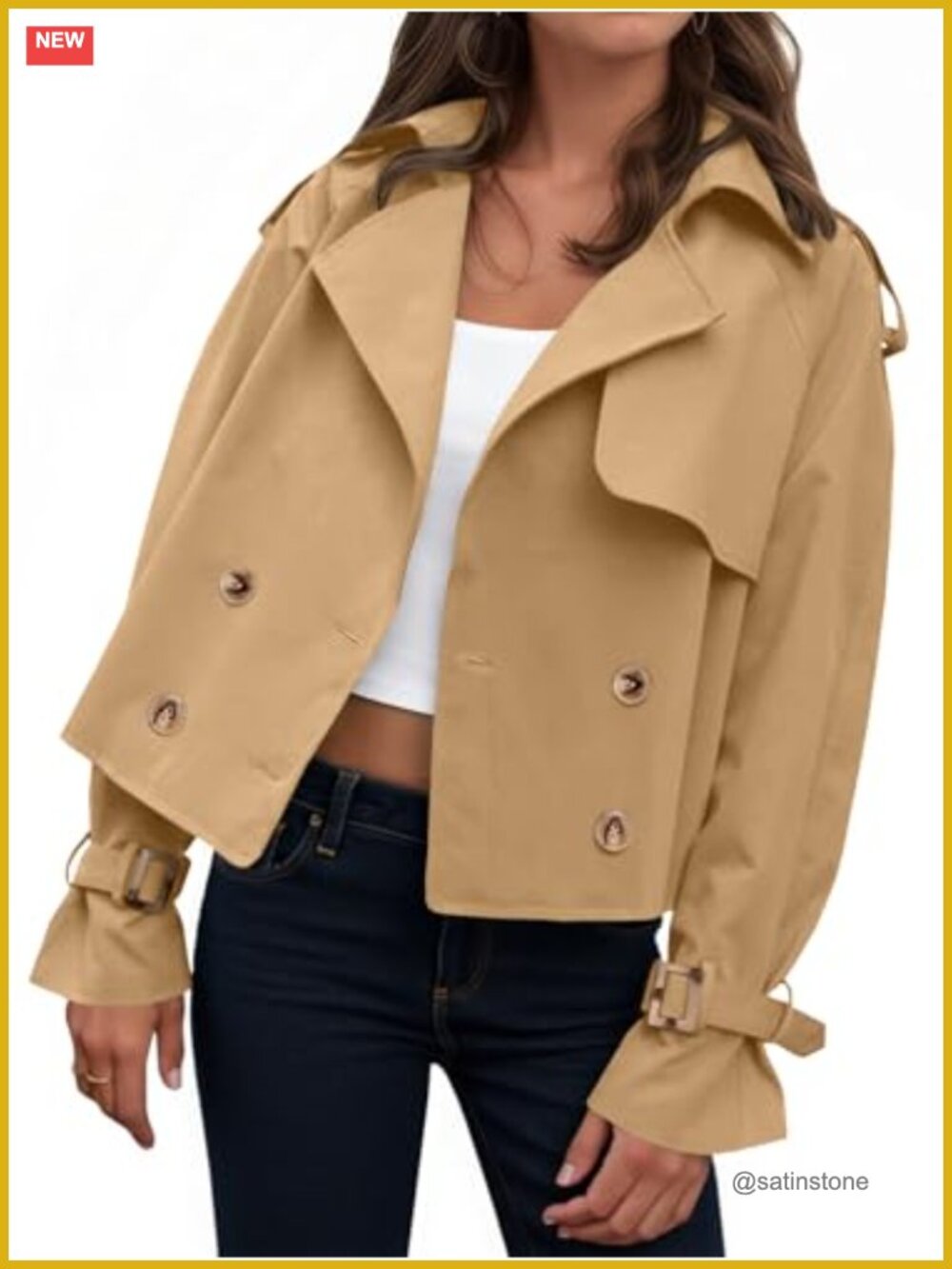 Women's Cropped Trench Coat Oversized Double Breasted Lapel Long Sleeve Short